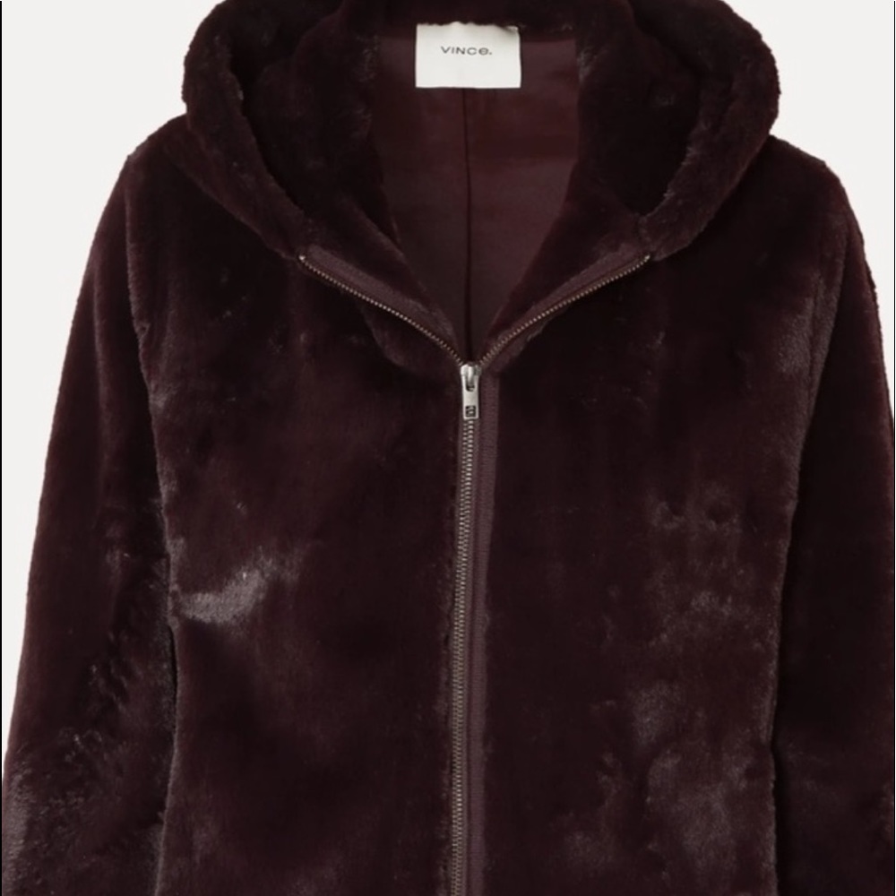 Vince faux fur crop hoodie zip jacket size small in eggplant color ( brown hue).